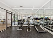 Thumbnail 6 of 15 - A gym with treadmills, weights, and exercise machines.