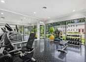 Thumbnail 7 of 15 - A gym with a variety of equipment including treadmills, weights, and exercise balls.