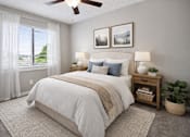 Thumbnail 13 of 13 - A bedroom with a large bed, a ceiling fan, and a window with curtains.