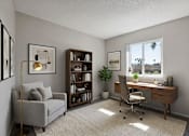 Thumbnail 21 of 21 - A room with a desk, chair, couch, and bookshelf.
