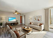 Thumbnail 12 of 21 - A living room with a white couch, a wooden coffee table, and a flat screen TV.