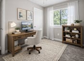 Thumbnail 8 of 13 - A room with a desk, chair, and a window with white curtains.