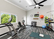 Thumbnail 10 of 22 - A well-equipped home gym with a treadmill, exercise ball, and other fitness equipment.