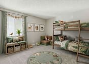 Thumbnail 15 of 15 - A room with two bunk beds and a bench with a potted plant on it.