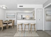 Thumbnail 15 of 21 - A kitchen with a bar area and a dining table with chairs.