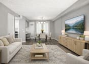 Thumbnail 5 of 7 - A living room with a large painting on the wall and a coffee table in the center.
