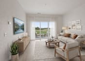Thumbnail 5 of 13 - Bright living room with balcony and natural light at Lake Ridge Apartments, Prior Lake, MN