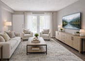 Thumbnail 4 of 7 - A living room with a large painting on the wall and a view of a lake.
