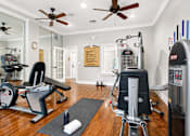 Thumbnail 11 of 24 - A gym with a variety of equipment including treadmills, weights, and a rowing machine.