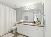 Thumbnail 19 of 21 - A white bathroom with a toilet, sink, and shower.