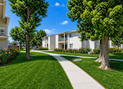 Thumbnail 6 of 12 - A pathway leads through a grassy area between two buildings.