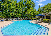 Thumbnail 9 of 25 - A large blue swimming pool surrounded by trees and lounge chairs.
