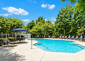Thumbnail 8 of 25 - A large outdoor swimming pool surrounded by trees and lounge chairs.