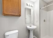 Thumbnail 18 of 29 - a bathroom with a sink and a mirror and a shower