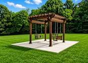 Thumbnail 5 of 16 - A wooden swing set with two swings is situated on a white platform in a grassy area.