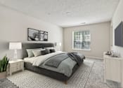 Thumbnail 6 of 17 - A bedroom with a large bed and a window.
