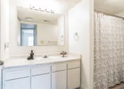 Thumbnail 8 of 35 - a bathroom with a sink and a mirror and a shower curtain