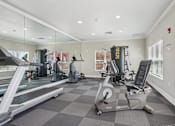 Thumbnail 26 of 36 - A gym with a treadmill, elliptical machines, and a weight machine.