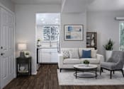 Thumbnail 10 of 10 - Modern living room with kitchen view at Creekview Apartments, Midvale