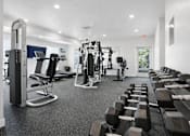 Thumbnail 7 of 12 - A gym with a variety of equipment including dumbbells, weight machines, and a treadmill.