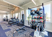 Thumbnail 14 of 25 - A gym with a variety of equipment including weights and machines.