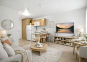 Thumbnail 6 of 8 - A living room with a grey couch, a coffee table, and a painting on the wall.