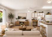 Thumbnail 16 of 24 - A well-lit, modern living room with a neutral color scheme and a variety of furniture and decor.
