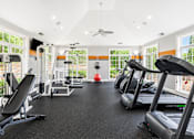 Thumbnail 8 of 15 - A gym with treadmills, weights, and a red ball.