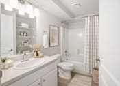 Thumbnail 6 of 6 - Modern bathroom with white vanity and tub at Fort Lane Apartments, Layton