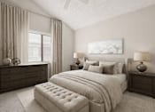 Thumbnail 9 of 11 - A bedroom with a large bed, a dresser, and a window with curtains.