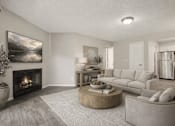 Thumbnail 6 of 11 - A modern living room with a fireplace and a large painting on the wall.