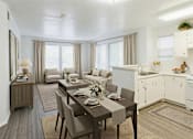 Thumbnail 15 of 28 - A modern kitchen and dining room with a wooden table set for two.