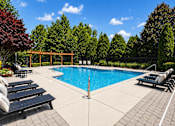 Thumbnail 6 of 12 - A pool surrounded by trees and lounge chairs.