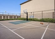 Thumbnail 12 of 17 - A basketball court with a basketball hoop and two balls on the ground.