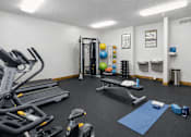 Thumbnail 9 of 17 - A gym with a variety of equipment including treadmills, exercise balls, and weights.