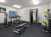Thumbnail 10 of 17 - A gym with a variety of equipment including treadmills, weights, and exercise balls.