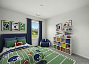 Thumbnail 15 of 15 - A bedroom with a football theme, including a bedspread, pillows, and decorations.