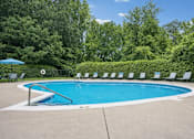 Thumbnail 1 of 14 - A pool surrounded by trees and chairs.