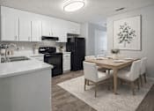 Thumbnail 13 of 18 - Modern kitchen and dining area with white cabinetry at Davidson Homes Apartments, North Carolina