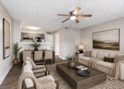 Thumbnail 16 of 20 - A living room with a brown coffee table and a beige couch.