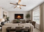 Thumbnail 15 of 20 - A living room with a fireplace and a ceiling fan.