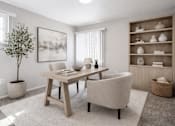 Thumbnail 12 of 16 - Home office with wooden desk and built in shelving at Vista Linda Apartments, Santa Fe, New Mexico