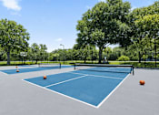 Thumbnail 11 of 28 - A blue tennis court with orange balls and a net. at Epic Apartments , Florida, 32114