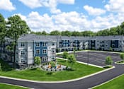 Thumbnail 1 of 24 - A large apartment complex with a roundabout in the front.