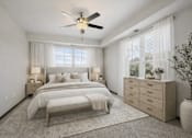 Thumbnail 22 of 24 - A bedroom with a large bed, a ceiling fan, and a window with blinds.
