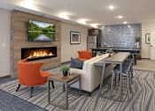Thumbnail 11 of 24 - A modern living room with a fireplace and a television.
