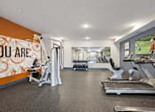Thumbnail 13 of 24 - A gym with treadmills, exercise bikes, and a television playing golf.