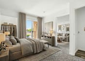 Thumbnail 5 of 10 - A bedroom with a large bed and a view of the outdoors through the window.