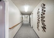 Thumbnail 22 of 23 - A long hallway with a light on the ceiling and a plant on the wall.