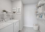 Thumbnail 35 of 41 - Laundry room with white wire shelving at The Hendrickson Apartments, Falcon Heights, MN
